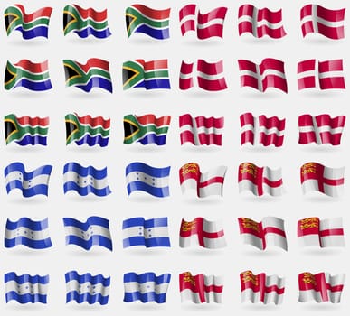 South Africa, Denmark, Honduras, Sark. Set of 36 flags of the countries of the world. illustration