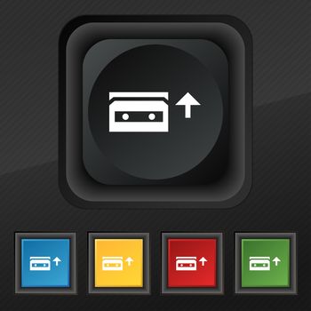 audio cassette icon symbol. Set of five colorful, stylish buttons on black texture for your design. illustration