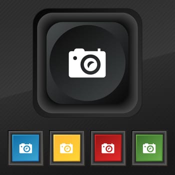 Digital photo camera icon symbol. Set of five colorful, stylish buttons on black texture for your design. illustration