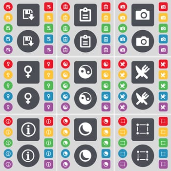 Floppy, Survey, Camera, Venus symbol, Yin-Yang, Fork and knife, Information, Moon, Frame icon symbol. A large set of flat, colored buttons for your design. illustration
