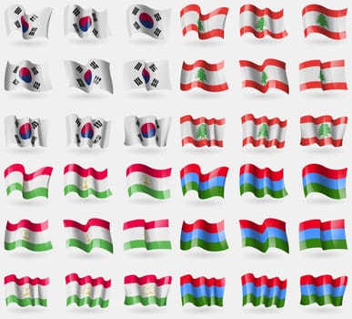 Korea South, Lebanon, Tajikistan, Karelia. Set of 36 flags of the countries of the world. illustration