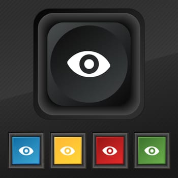 sixth sense, the eye icon symbol. Set of five colorful, stylish buttons on black texture for your design. illustration