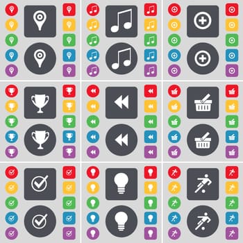 Checkpoint, Note, Plus, Cup, Rewind, Basket, Tick, Light bulb, Football icon symbol. A large set of flat, colored buttons for your design. illustration