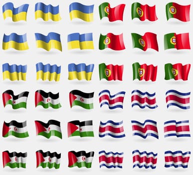 Ukraine, Portugal, Western Sahara, Costa Rica. Set of 36 flags of the countries of the world. illustration