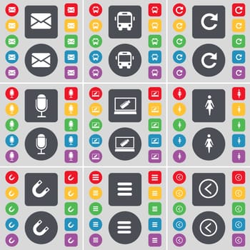 Message, Bus, Reload, Microphone, Laptop, Silhouette, Magnet, Apps, Arrow left icon symbol. A large set of flat, colored buttons for your design. illustration