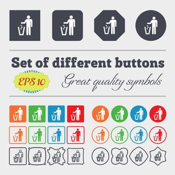 throw away the trash icon sign. Big set of colorful, diverse, high-quality buttons. illustration