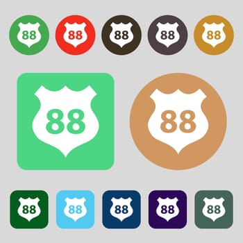 Route 88 highway icon sign.12 colored buttons. Flat design. illustration