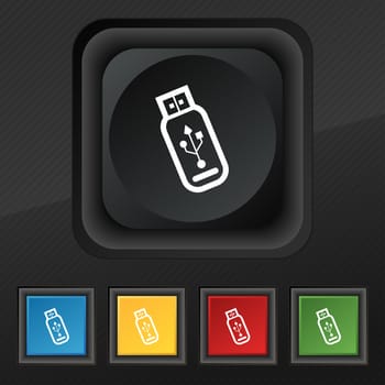 Usb flash drive icon symbol. Set of five colorful, stylish buttons on black texture for your design. illustration