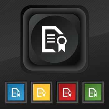 Award File document icon symbol. Set of five colorful, stylish buttons on black texture for your design. illustration