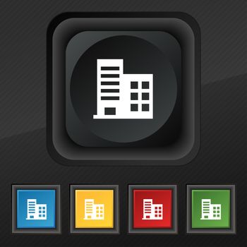  high-rise commercial buildings and residential apartments icon symbol. Set of five colorful, stylish buttons on black texture for your design. illustration