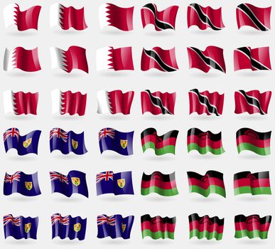 Bahrain, Trinidad and Tobago, Turks and Caicos, Malawi. Set of 36 flags of the countries of the world. illustration