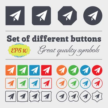 Paper airplane icon sign. Big set of colorful, diverse, high-quality buttons. illustration