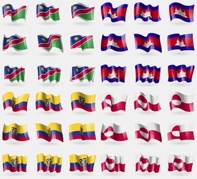 Namibia, Cambodia, Ecuador, Greenland. Set of 36 flags of the countries of the world. illustration