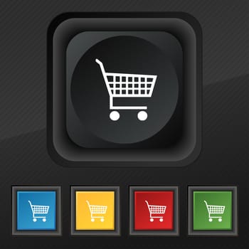 shopping cart icon symbol. Set of five colorful, stylish buttons on black texture for your design. illustration