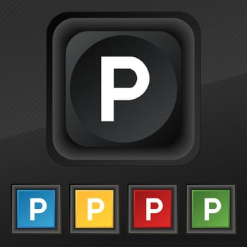 parking icon symbol. Set of five colorful, stylish buttons on black texture for your design. illustration
