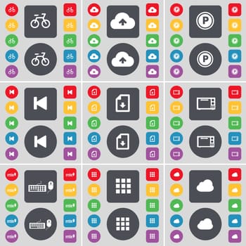 Bicycle, Cloud, Parking, Media skip, Download file, Microphone, Keyboard, Apps, Cloud icon symbol. A large set of flat, colored buttons for your design. illustration