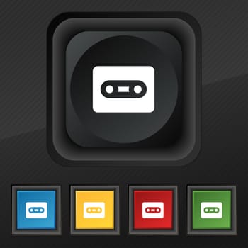 Cassette icon symbol. Set of five colorful, stylish buttons on black texture for your design. illustration