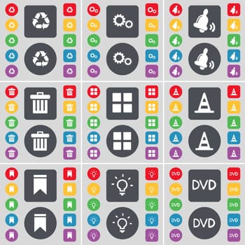 Recycling, Gear, Bell, Trash can, Apps, Cone, Marker, Light bulb, DVD icon symbol. A large set of flat, colored buttons for your design. illustration