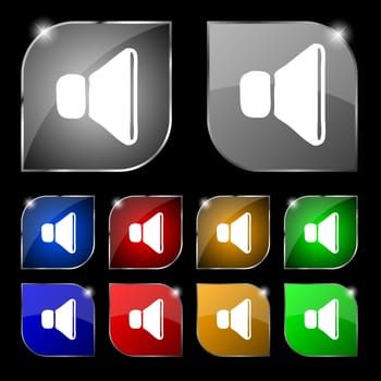 volume, sound icon sign. Set of ten colorful buttons with glare. illustration