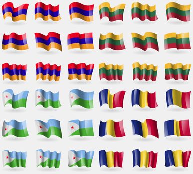 Armenia, Lithuania, Djibouti, Romania. Set of 36 flags of the countries of the world. illustration