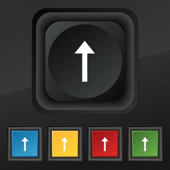 Direction arrow up icon symbol. Set of five colorful, stylish buttons on black texture for your design. illustration