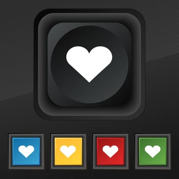 Heart, Love icon symbol. Set of five colorful, stylish buttons on black texture for your design. illustration