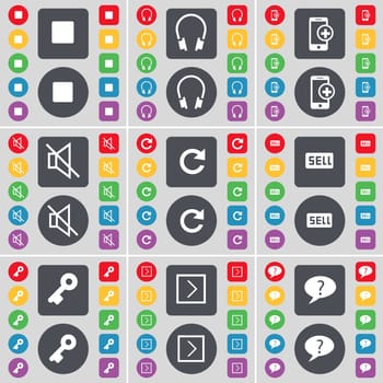 Media stop, Headphones, Smartphones, Mute, Reload, Sell, Key, Arrow right, Question mark icon symbol. A large set of flat, colored buttons for your design. illustration