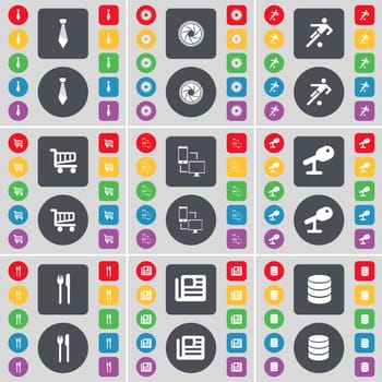 Tie, Lens, Football, Shopping cart, Connection, Microphone, Fork and knife, Newspaper, Database icon symbol. A large set of flat, colored buttons for your design. illustration