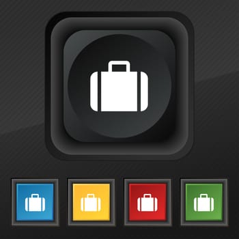 Suitcase icon symbol. Set of five colorful, stylish buttons on black texture for your design. illustration