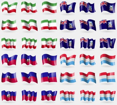 Iran, Falkland Islands, Haiti, Luxembourg. Set of 36 flags of the countries of the world. illustration