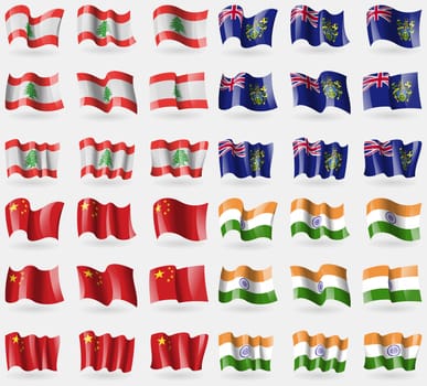 Lebanon, Pitcairn Islands, China, India. Set of 36 flags of the countries of the world. illustration