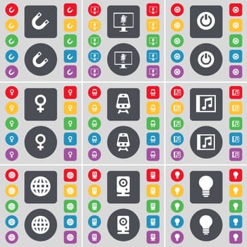 Magnet, Monitor, Power, Venus symbol, Train, Music window, Globe, Speaker, Light bulb icon symbol. A large set of flat, colored buttons for your design. illustration