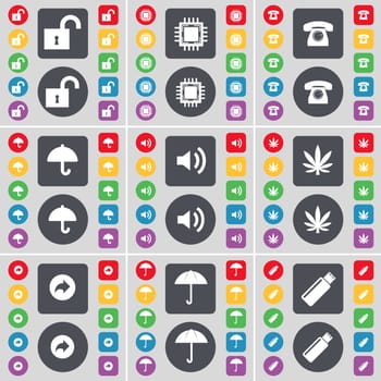 Lock, Processor, Retro phone, Umbrella, Sound, Marijuana, Back, Umbrella, USB icon symbol. A large set of flat, colored buttons for your design. illustration