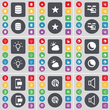 Database, Star, Helicopter, Light bulb, Cloud, Moon, SMS, Web cursor, Sound icon symbol. A large set of flat, colored buttons for your design. illustration