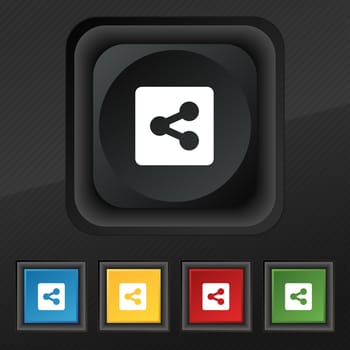 Share icon symbol. Set of five colorful, stylish buttons on black texture for your design. illustration