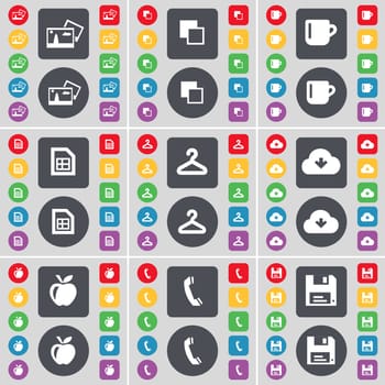 Picture, Copy, Cup, File, Hanger, Cloud, Apple, Receiver, Floppy icon symbol. A large set of flat, colored buttons for your design. illustration