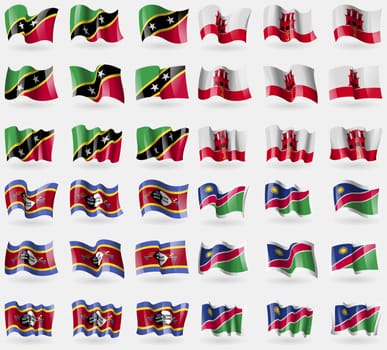 Saint Kitts and Nevis, Gibraltar, Swaziland, Namibia. Set of 36 flags of the countries of the world. illustration