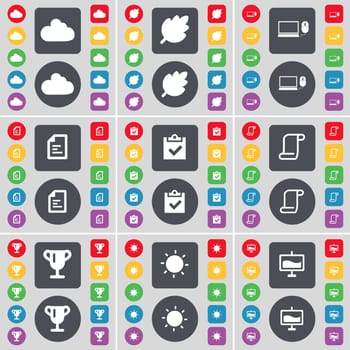 Cloud, Leaf, Laptop, Text file, Survey, Scroll, Cup, Light, Graph icon symbol. A large set of flat, colored buttons for your design. illustration