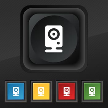 Web cam icon symbol. Set of five colorful, stylish buttons on black texture for your design. illustration