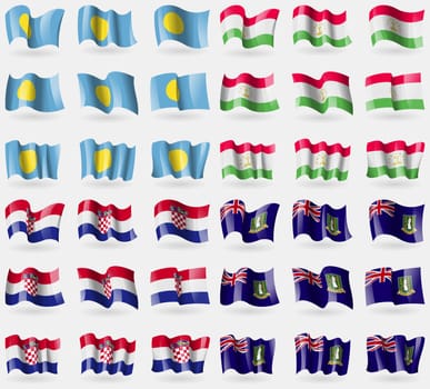 Palau, Tajikistan, Crotia, VirginIslandsUK. Set of 36 flags of the countries of the world. illustration