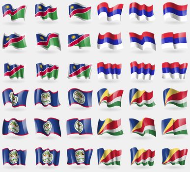 Namibia, Republika Srpska, Belize, Seychelles. Set of 36 flags of the countries of the world. illustration