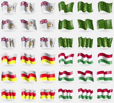 British Antarctic Territory, Adygea, North Ossetia, Hugary. Set of 36 flags of the countries of the world. illustration