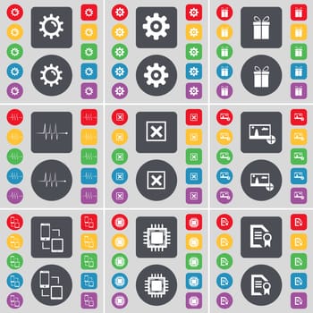 Gear, Gift, Pulse, Stop, Picture, Connection, Processor, Text file icon symbol. A large set of flat, colored buttons for your design. illustration
