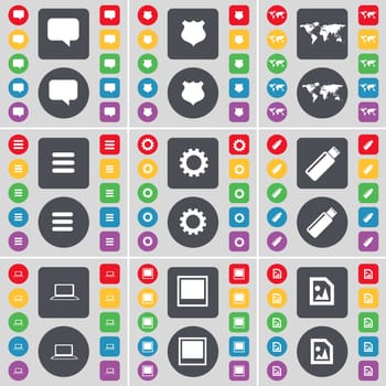 Chat bubble, Police badge, Globe, Apps, Gear, USB, Laptop, Window, Media file icon symbol. A large set of flat, colored buttons for your design. illustration