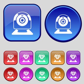 Webcam sign icon. Web video chat symbol. Camera chat. Set of colored buttons. illustration