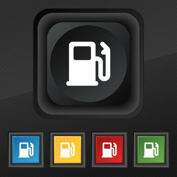 Petrol or Gas station, Car fuel icon symbol. Set of five colorful, stylish buttons on black texture for your design. illustration