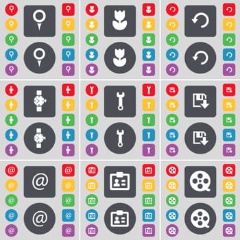 Checkpoint, Flower, Reload, Wrist watch, Wrench, Floppy, Mail, Contact, Videotape icon symbol. A large set of flat, colored buttons for your design. illustration