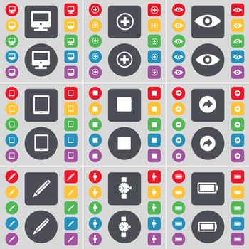 Monitor, Plus, Vision, Tablet PC, Media stop, Back, Pencil, Wrist watch, Battery icon symbol. A large set of flat, colored buttons for your design. illustration