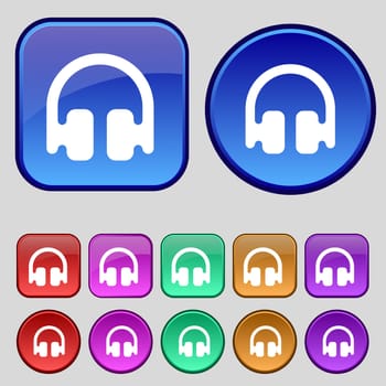 Headphones, Earphones icon sign. A set of twelve vintage buttons for your design. illustration