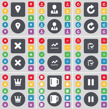Checkpoint, Avatar, Reload, Stop, Graph file, Survey, Crown, Cup, Pause icon symbol. A large set of flat, colored buttons for your design. illustration